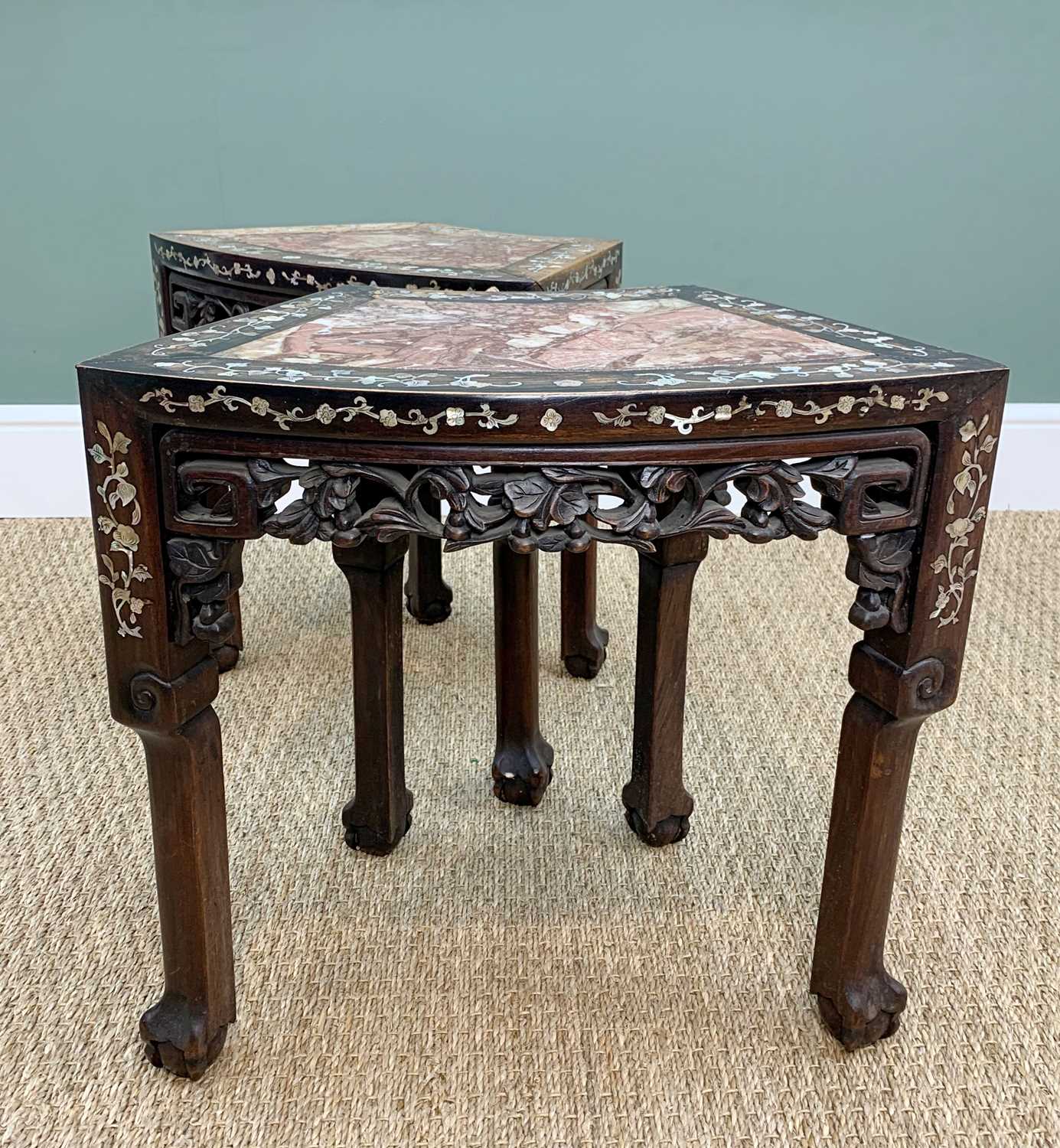 PAIR CHINESE MOTHER OF PEARL INLAID ROSEWOOD & VARIEGATED MARBLE INSET SEGMENT TABLES, carved and - Image 4 of 5