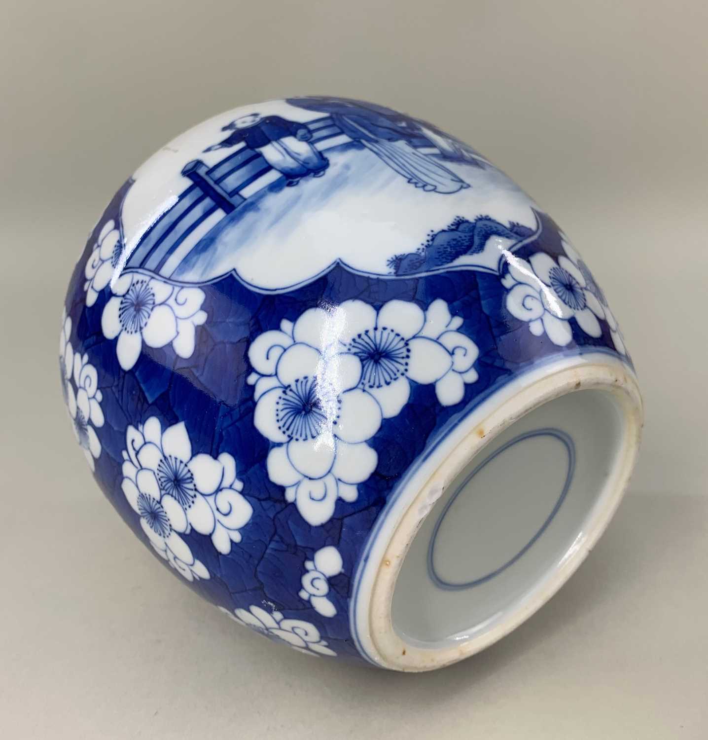 CHINESE BLUE & WHITE PORCLEAIN JAR & COVER, painted in the Kangxi-style with panels of ladies and - Image 6 of 28