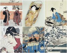 GROUP OF JAPANESE WOODBLOCK PRINTS & A HAGOITA, including oban tat-e of a Kabuki actor playing