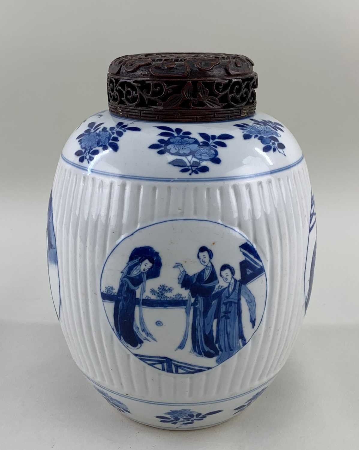 CHINESE BLUE & WHITE PORCELAIN 'LADIES' JAR, Kangxi, ribbed form and painted with four roundels with - Image 3 of 19