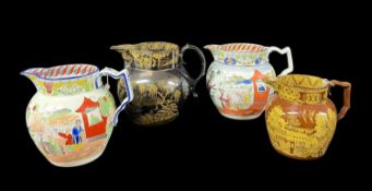 FOUR ANTIQUE POTTERY CHINOISERIE JUGS comprising two Swansea Mandarin patterned jugs, 14.5 and 14cms