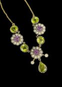 9CT GOLD SUFFRAGETTE-STYLE PEARL & GEM-SET NECKLACE, amethysts, seed pearls, peridots and two