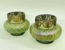 PAIR LOETZ-STYLE IRRIDESCENT GLASS ROSE VASES, with pierced brass covers, 8cm high (2)