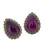 PAIR OF 18K GOLD RUBY & DIAMOND EARRINGS, the large cabochon pear shape rubies surrounded by