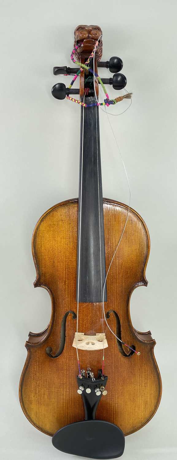 TWO VIOLINS PROBABLY CHINESE, carved in the manner of Steiner, L.O.B 35.5cm (A/F), with standard - Image 2 of 9