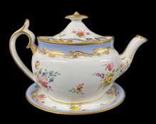 SPODE PORCELAIN TEAPOT, COVER & STAND, early 19th Century, of oval shape, decorated with floral
