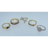 FIVE 18K GOLD RINGS comprising two diamond set rings, diamond and ruby ring, multi-gem ring and