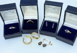 GROUP OF 14CT GOLD MOUNTED JEWELLERY, comprising 3 rings and 3 pairs of earrings, some set with