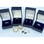 GROUP OF 14CT GOLD MOUNTED JEWELLERY, comprising 3 rings and 3 pairs of earrings, some set with