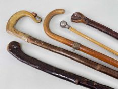 FIVE WALKING STICKS, including white metal-topped cane and horn crook-handled stick (5)