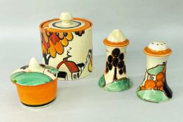 CLARICE CLIFF 'HOUSE & BRIDGE' PRESERVE JAR & COVER, together with an 'Orange Trees and House'