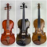 3 VIOLINS, including one inlaid, painted and dark stained violin, probably Chinese, L.O.B 36 cm, and