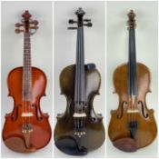 3 VIOLINS, including one inlaid, painted and dark stained violin, probably Chinese, L.O.B 36 cm, and