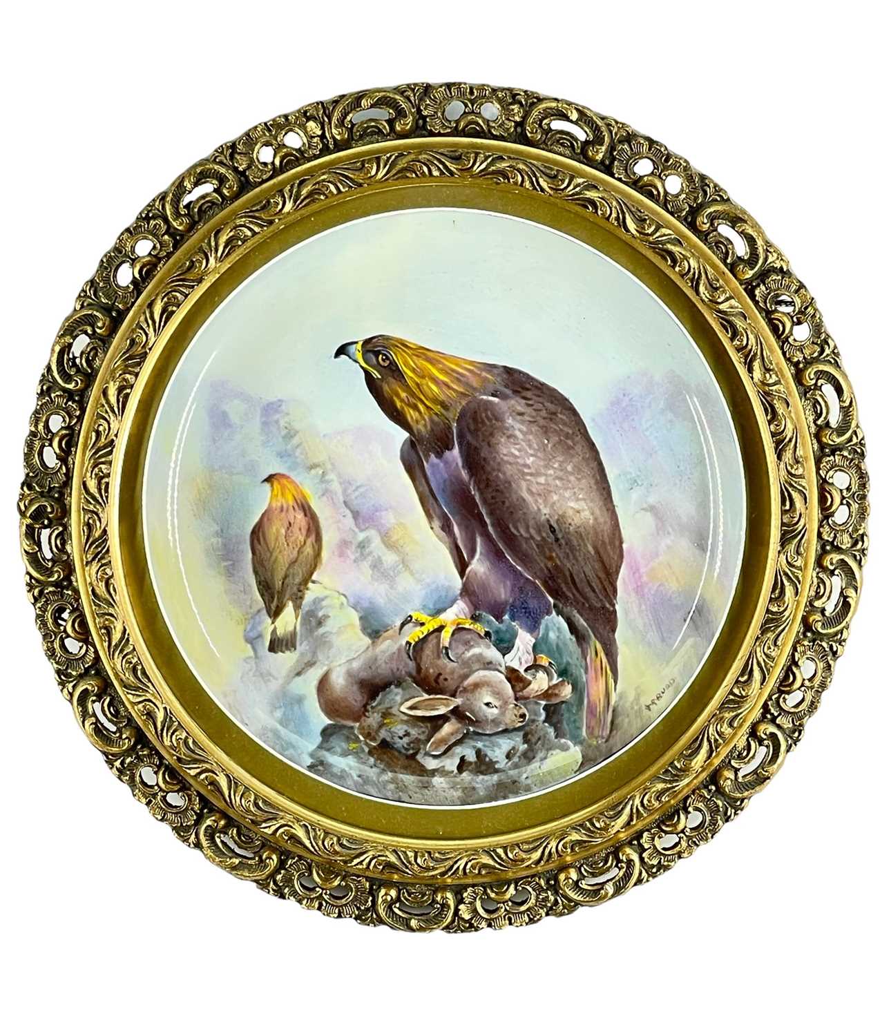 HAND PAINTED PORCELAIN DISH, probably Coalport, depicting a golden eagle with rabbit prey, signed J.