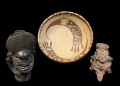 THREE ETHNOGRAPHIC POTTERY ITEMS, comprising Cameroon pottery figural pipebowl, 17.5cm h, (dmaged