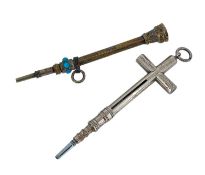 TWO MINIATURE PROPELLING PENCILS, including unmarked yellow metal (presumed 9ct) crucifix pencil,