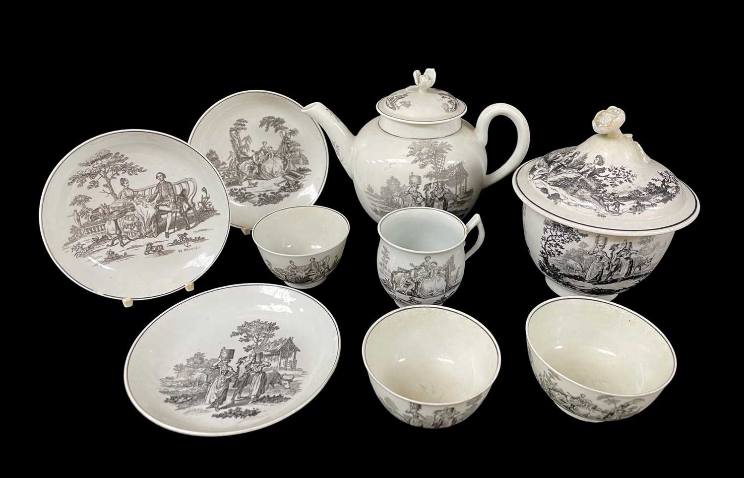 COLLECTION OF 18TH CENTURY BLACK TRANSFER PRINTED WORCESTER comprising tea bowl and saucer and