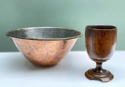TURNED TREEN GOBLET & COPPER DAIRY BOWL, goblet 14.5cm h, bowl 26cm diam (2) Comments: old chip to