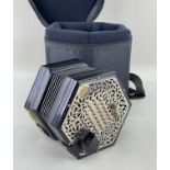 LACHENAL 56 BUTTON 6-FOLD BELLOWS CONCERTINA, with pierced metal ends, retailed by Harry Boyd,