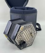LACHENAL 56 BUTTON 6-FOLD BELLOWS CONCERTINA, with pierced metal ends, retailed by Harry Boyd,