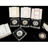 FIVE ROYAL MINT BEATRIX POTTER SILVER PROOF FIFTY PENCE COINS, including set of four, ltd edn 45,