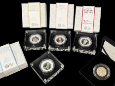 FIVE ROYAL MINT BEATRIX POTTER SILVER PROOF FIFTY PENCE COINS, including set of four, ltd edn 45,