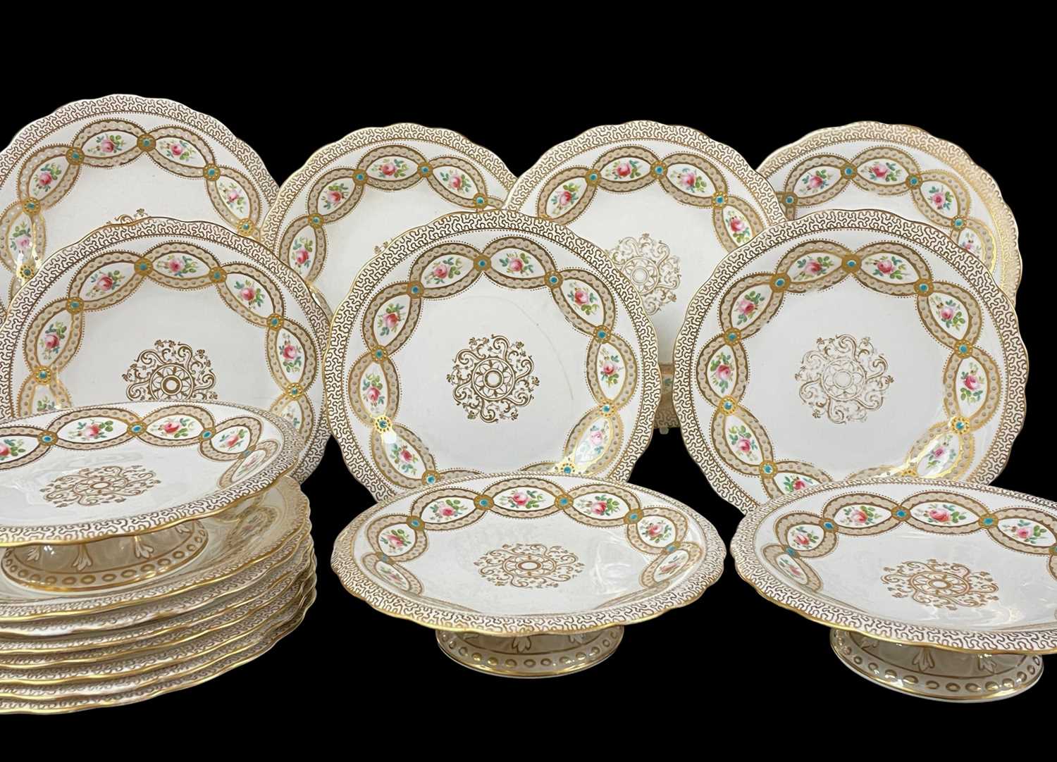 STAFFORDSHIRE BONE CHINA DESSERT SERVICE, pattern 2222, gilt medallion to centre, cavetto