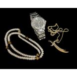 TWO NECKLACES & A WRISTWATCH, comprising freshwater pearl and tiger's eye necklace to 14ct gold