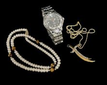 TWO NECKLACES & A WRISTWATCH, comprising freshwater pearl and tiger's eye necklace to 14ct gold