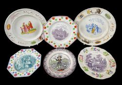 SIX VARIOUS 19TH CENTURY STAFFORDSHIRE POTTERY NURSERY PLATES, moulded borders, colour printed and