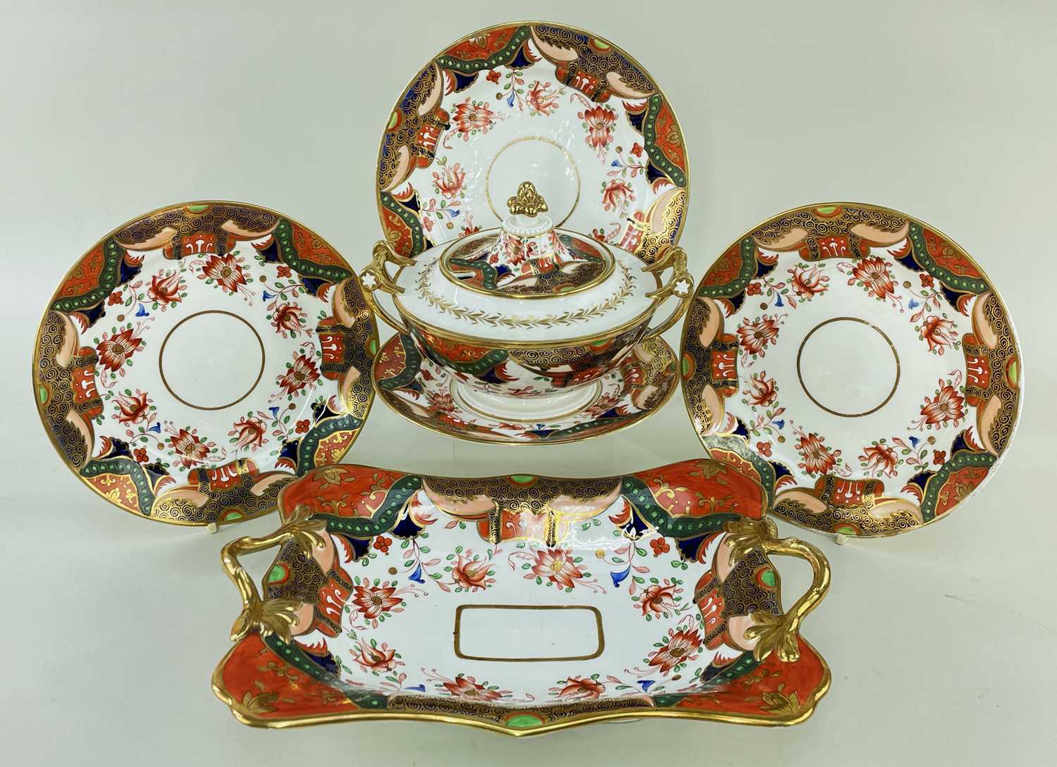 SWANSEA PORCELAIN JAPAN PATTERN PART-DESSERT SERVICE circa 1815-1817, comprising twig-handled footed