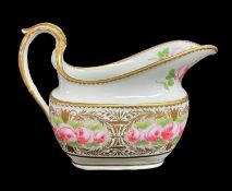 SWANSEA PORCELAIN CREAM JUG circa 1815-1820, wide elongated spout, gilded high loop handle with