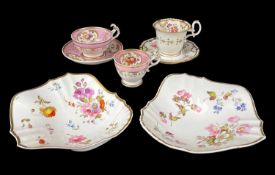 TWO SIMILAR H & R DANIEL CUSPED SIDE DISHES, 19th Century, both overall decorated with brightly