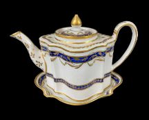 NEW HALL PORCLEAIN TEAPOT, COVER & STAND, c. 1800, of silver shape, painted with gilt foliate and