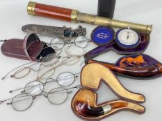 ASSORTED GENTLEMEN'S COLLECTIBLES, including 4-draw brass 1.25in. telescope, 6x spectacles, 5