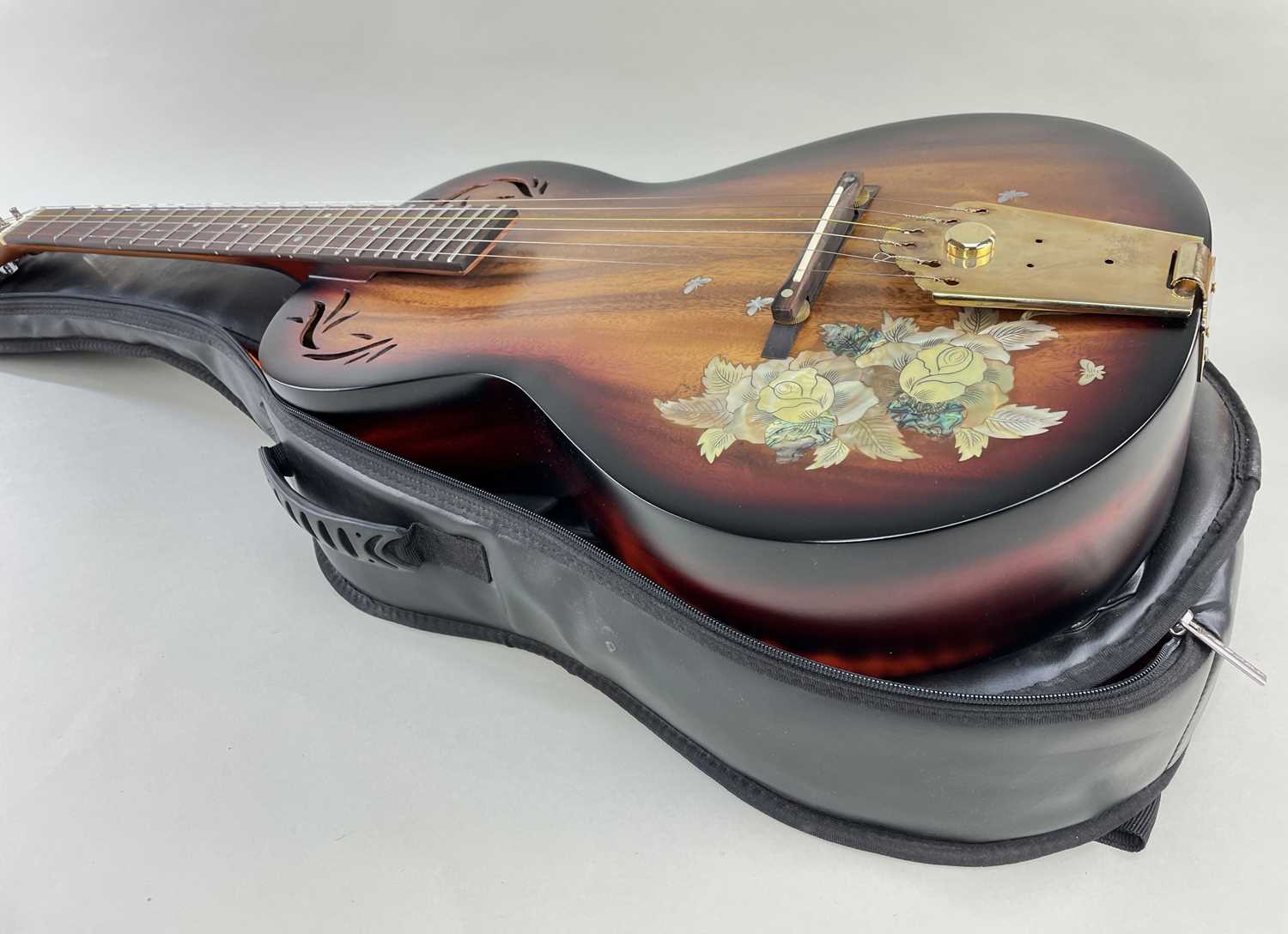 ACOUSTIC GUITAR WITH FLOWER & BUTTERFLY DETAIL INLAY, with custom sound holes Comments: comes in - Image 5 of 5