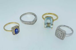 FOUR 18CT GOLD RINGS, comprising diamond cluster ring of appr 1cts, single stone pale aquamarine