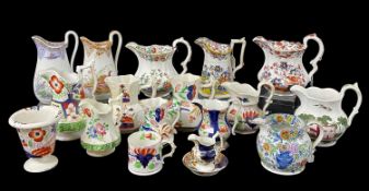 LARGE GROUP OF ANTIQUE WELSH POTTERY JUGS including Gaudy Welsh (also mug and vase), Llanelly and
