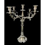 LARGE ELECTROPLATED FIVE-LIGHT CANDELABRUM, with 4 scrolled acanthus leaf arms supporting nozzles