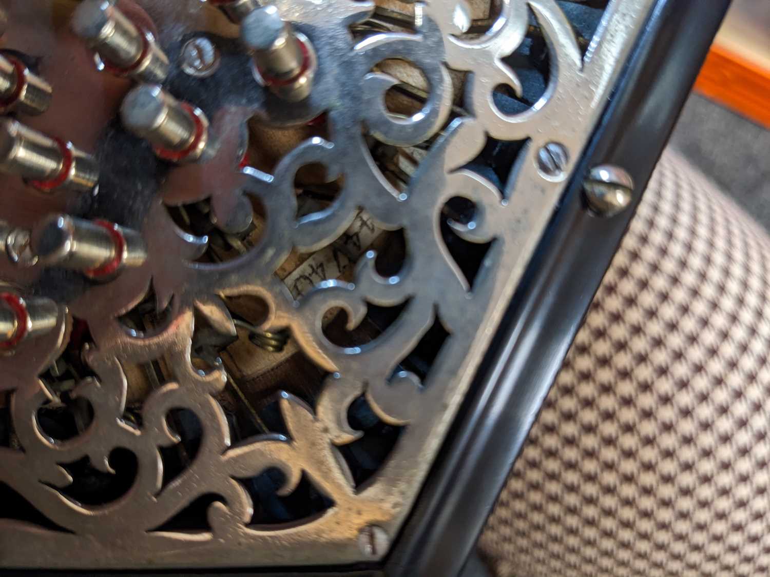 LACHENAL 56 BUTTON 6-FOLD BELLOWS CONCERTINA, with pierced metal ends, retailed by Harry Boyd, - Image 9 of 21