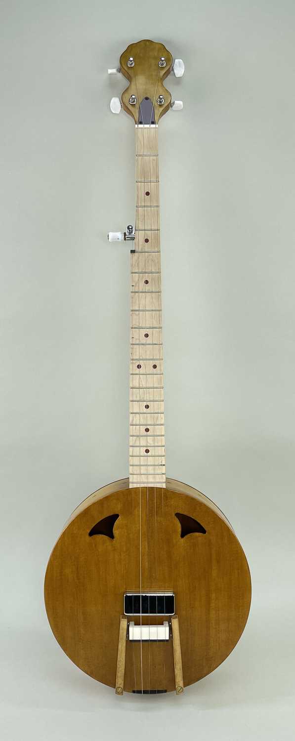 CUSTOM WOODEN BANJO, stamped with 'ORB 132', with pickups Comments: comes with soft case, used but