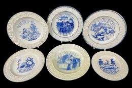 SIX 19TH CENTURY STAFFORDSHIRE BLUE PRINTED POTTERY NURSERY PLATES, with floral moulded borders,