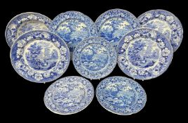 NINE SWANSEA BLUE & WHITE TRANSFER EARTHENWARE ITEMS five ‘Ladies of Llangollen’ plates, impressed