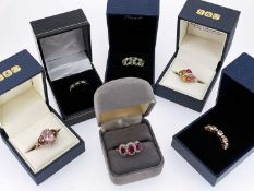 SIX 9CT GEM SET RINGS, including an oval morganite ring, six-stone multi-colour gem ring, 3-stone