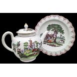 18TH CENTURY WORCESTER comprising teapot and cover printed in puce with 'Ruin by the Cliff', the