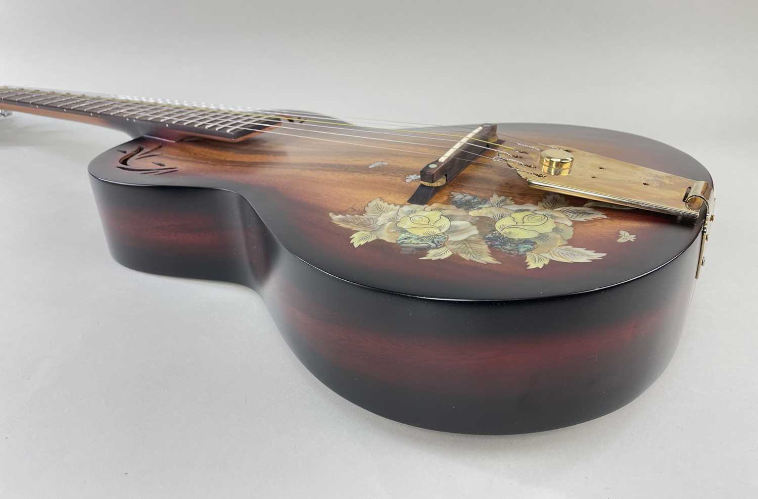 ACOUSTIC GUITAR WITH FLOWER & BUTTERFLY DETAIL INLAY, with custom sound holes Comments: comes in - Image 2 of 5