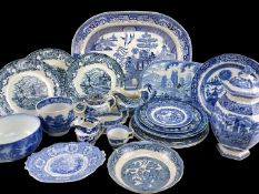 ASSORTED 19TH CENTURY BLUE & WHITE PRINTED POTTERY, including 'Village Church' pattern pierced