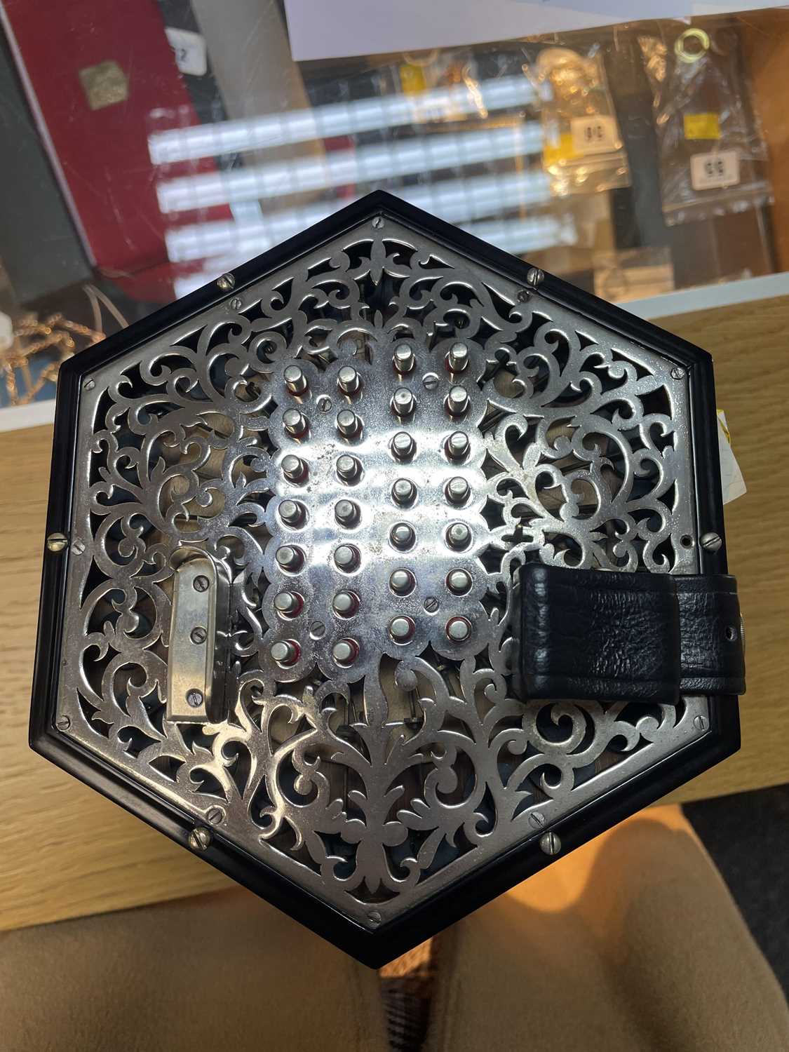 LACHENAL 56 BUTTON 6-FOLD BELLOWS CONCERTINA, with pierced metal ends, retailed by Harry Boyd, - Image 21 of 21