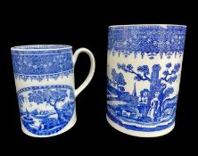 TWO RARE SWANSEA BLUE & WHITE TRANSFER TANKARDS comprising large ‘Rural Lovers’ with chocolate