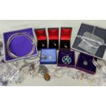 ASSORTED SILVER JEWELLERY, including several fringe bracelets, a Waterford cut-glass pendant, mostly
